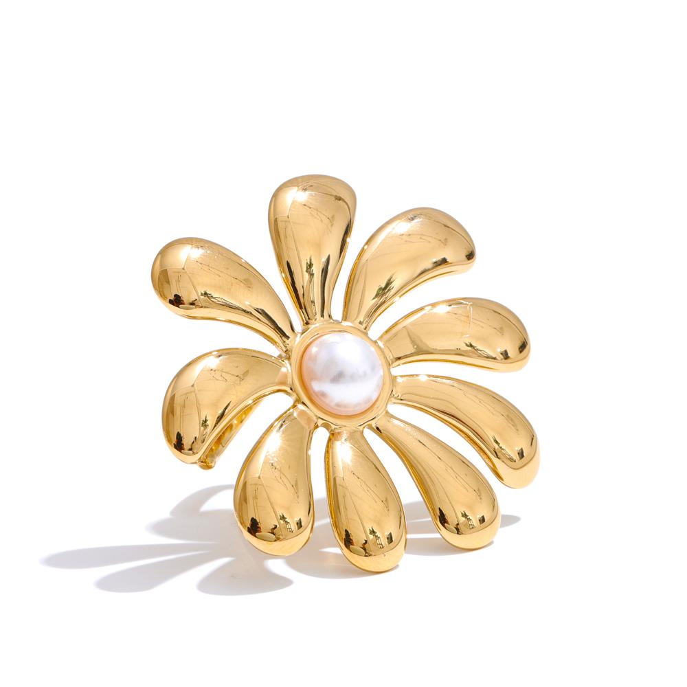 

Yhpup Trendy Style Smooth Metal Flower Pearl Adjustable Ring 18K PVD Plated Rust Proof Charm Finger Jewelry 2025 resizable