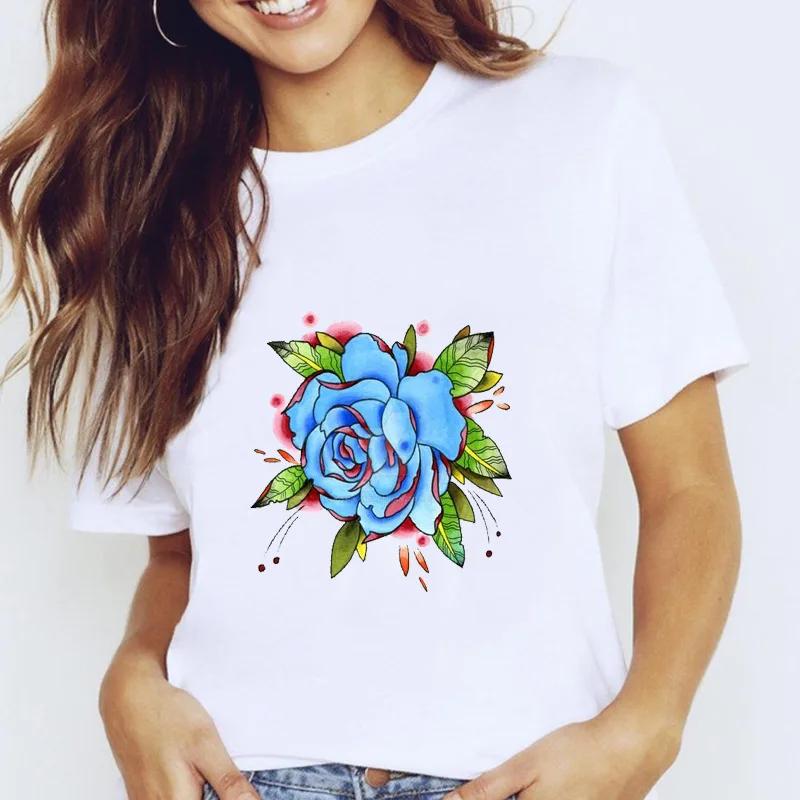 Women's Fruit-Flower Print Crew-Neck Tee Spring/Summer Aesthetic Polyester Fiber Cute Base Shirt Trendy Top