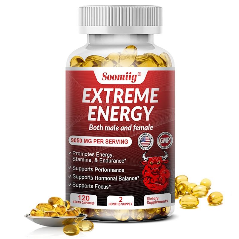 Soomiig Extreme Energy Complex Supplement with B12, Red Ginseng, Caffeine, Horny Goat Weed, Maca, Saw Palmetto, Tongkat Ali & L-Arginine, 120 Caps
