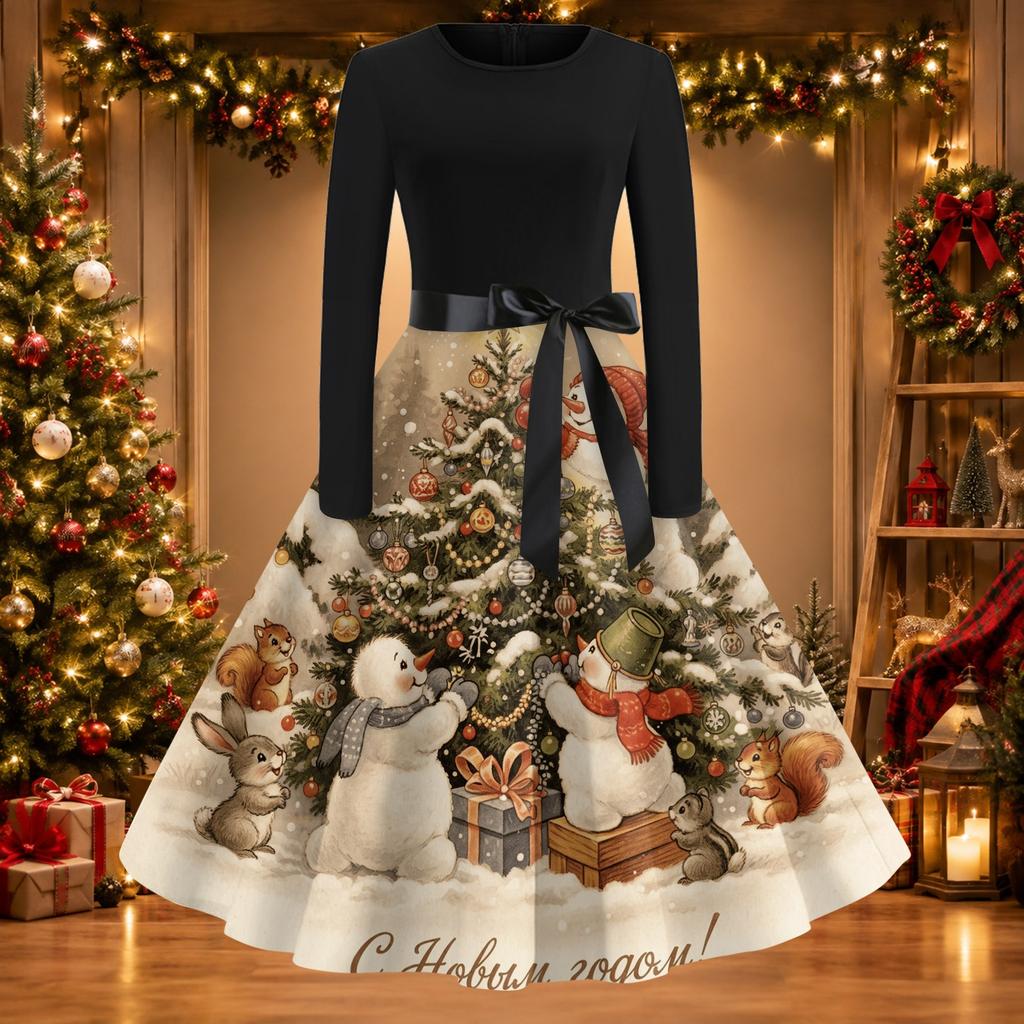 Women's Casual Vintage Christmas Print Neck Dress for Holiday Party