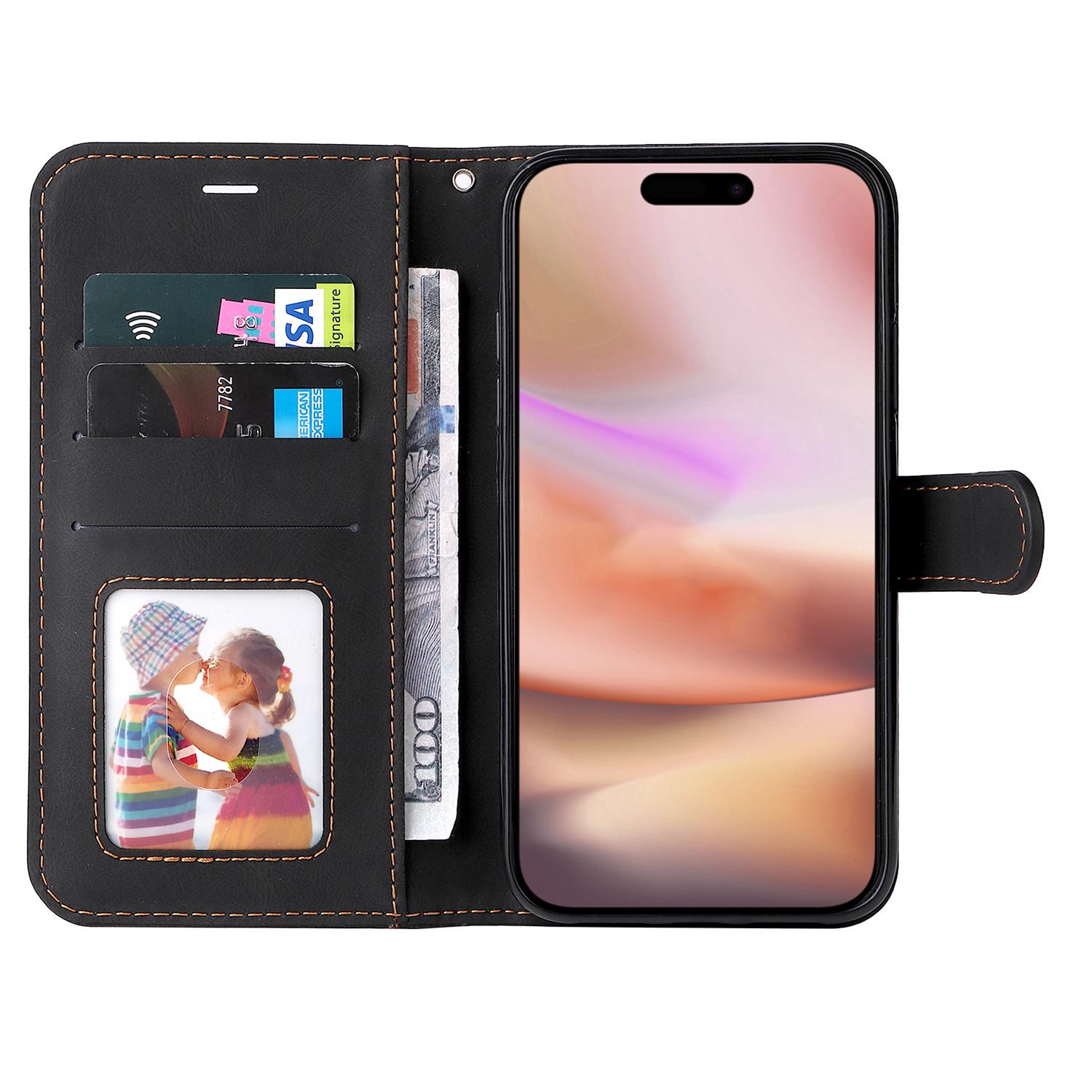 

For iPhone 16 Plus Case 3-color Splicing PU Leather Wallet Phone Cover Black