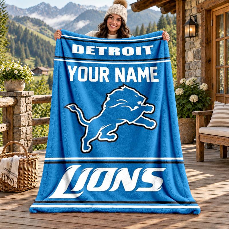 Detroit Lions Custom Name Flannel Blanket Personalized Soft Warm Plush Throw Blanket Customized Gift for Family Friends