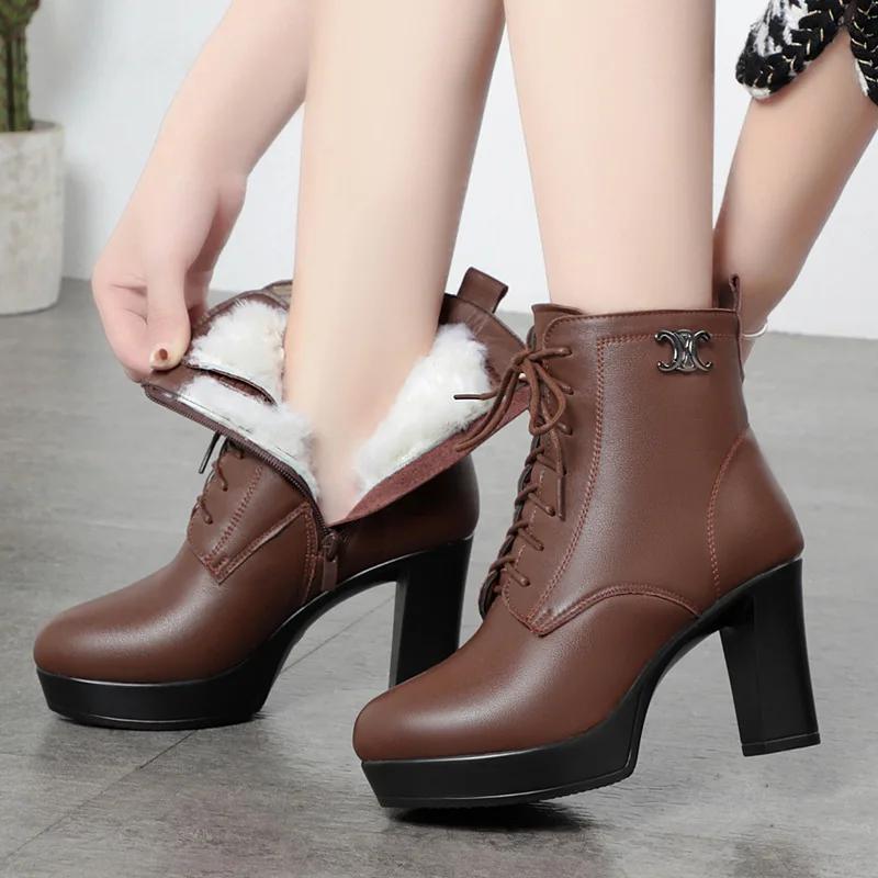 Women Genuine Leather Ankle Boots 2025 Autumn Winter Thick Wool Comfortable Thick High Heels Women Snow Boots Platform Shoes
