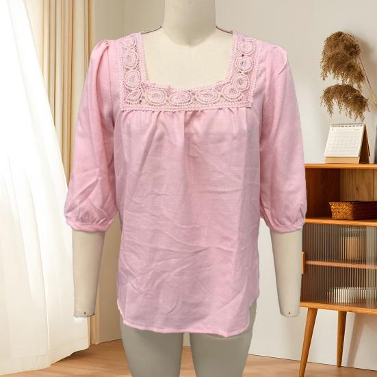 Camicetta da Donna Scollo Quadrato Manica 3/4 Colore Unico Casual Vestibilità Larga Pizzo Intrecciato Estiva Traspirante Top