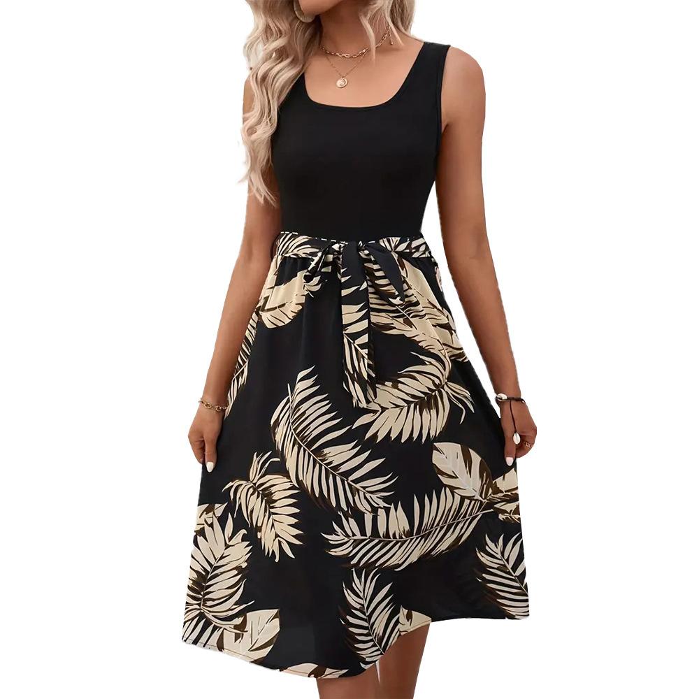 European and American spring and summer printed sleeveless waist strap medium and long dress women's contrasting color holiday beach dress
