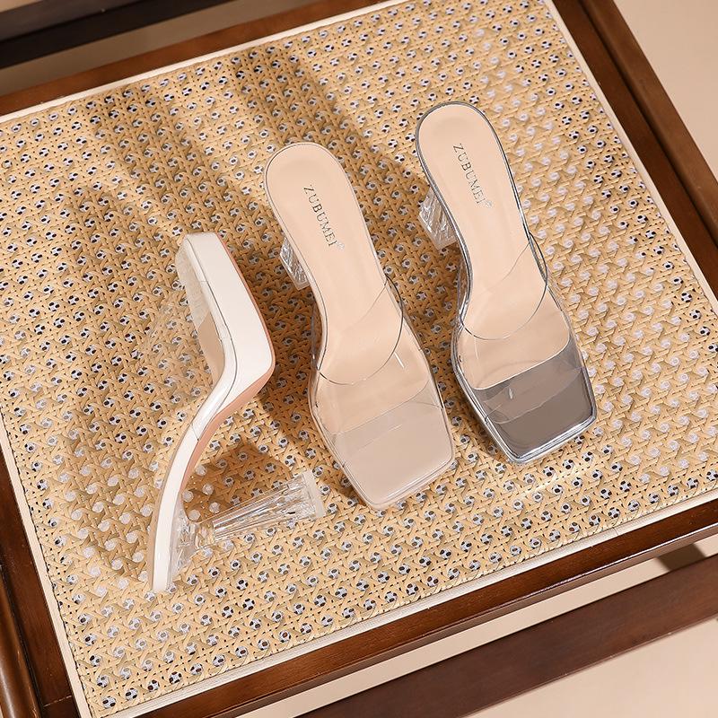 Square Toe High Heel Sandals with Single Strap, 2026 Model - Transparent Crystal Stiletto with Waterproof Platform and Thick Sole.