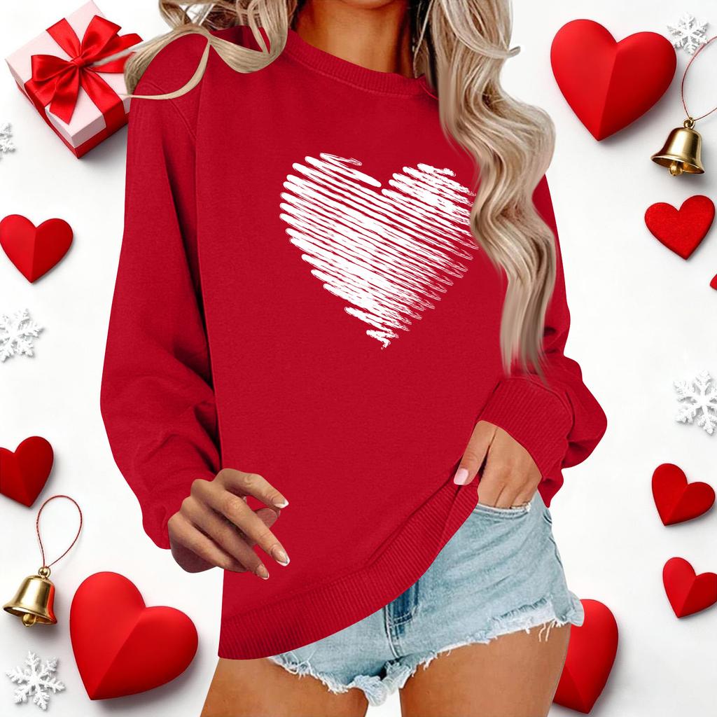 Haut décontracté à col rond et manches longues pour femme avec imprimé pour la Saint-Valentin