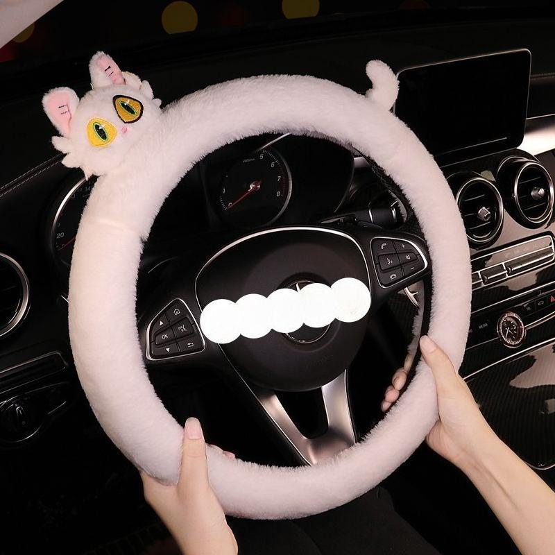 Cute Black Cat White Cat Plush Car Steering Wheel Cover Anti-Slip Sweat Absorbing Universal Car Steering Wheel Handle