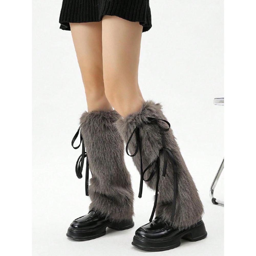 Women's Leg Warmers Autumn and Winter Warm Fur Plush Calf Socks with Bowknot Faux Fur Socks Mid-Tube Stacked Socks Boots