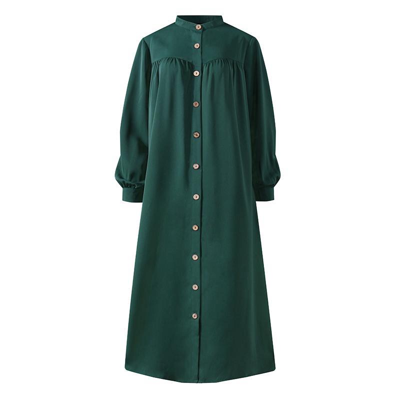 Muslims Clothes Solid Color Buckle Front Casual Loose Pocket Women's Long-sleeved Shirt Long Dress Musulman Dubai Muslim Kaftan Dresses Oversize
