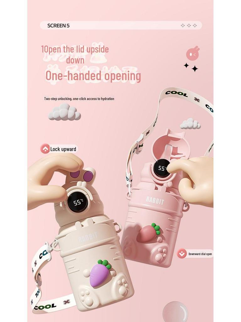 High-Value 316 Stainless Steel Cartoon Rabbit Thermos Cup with Straw for Children and Students