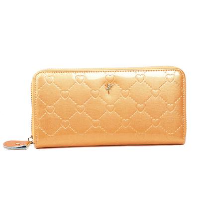 Fair Fairy Women's Genuine Cowhide Leather Enamel Embossed Round Zipper Long Wallet 140817 (Outlet Heart Gold)