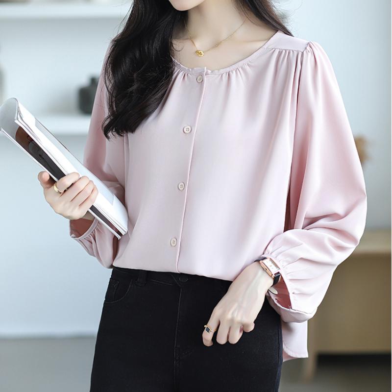 New Fashion Lantern Sleeve Loose Casual Blouse Women Single Breasted Elegant Solid Vintage Shirts Women Tops Round Neck Plus Size Ladies Blouses 26335