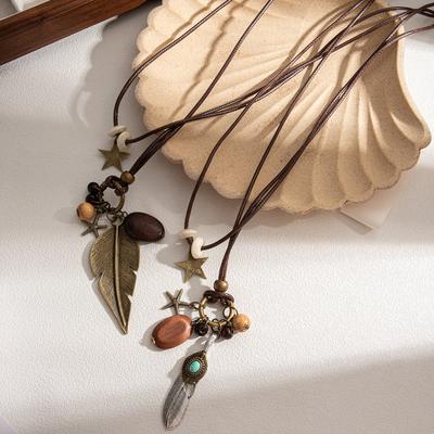 Zen Ethnic Style Long Star Beaded Feather Necklace, Retro Bohemian Stacked Sweater Chain Woman