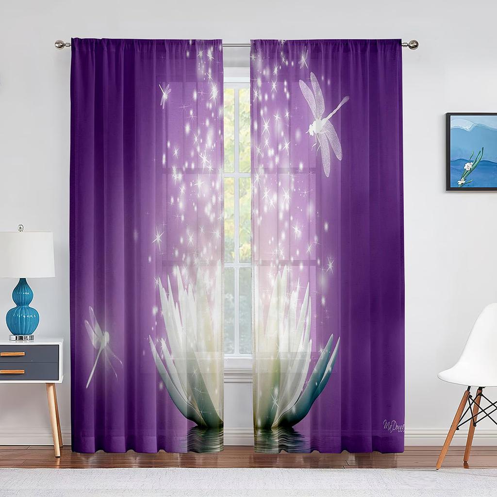 Lotus Flower with Pinkish Petals Water Lily Green Tulle Curtains for Living Room Bedroom Kitchen Chiffon Sheer Curtain Drapes