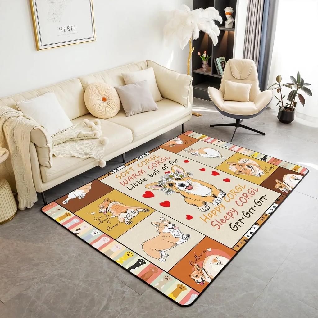 Cute Dog Print Area Rug Cartoon Corgi Pet Bones Living Room Rugs Playmat Lovely Puppy Animals Decorative Rug Indoor Floor Mat