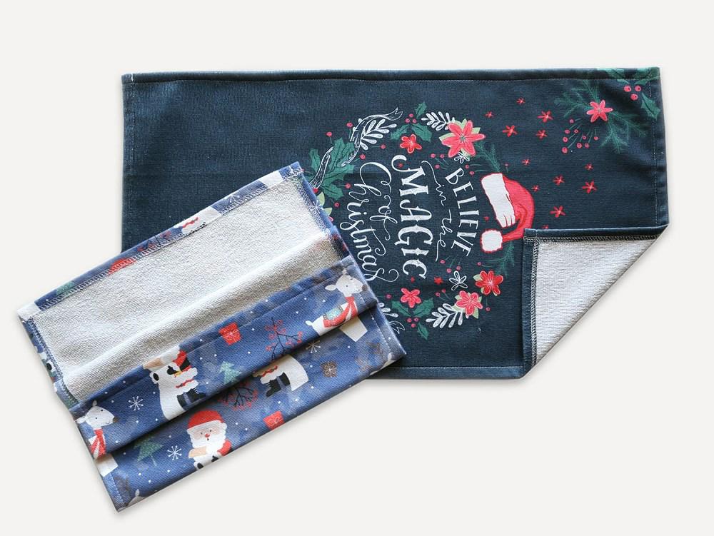 Komplet Ścierek Kuchennych 2 Cz. 38X60 Mikołaje Granatowa Choinki Renifery Christmas 1