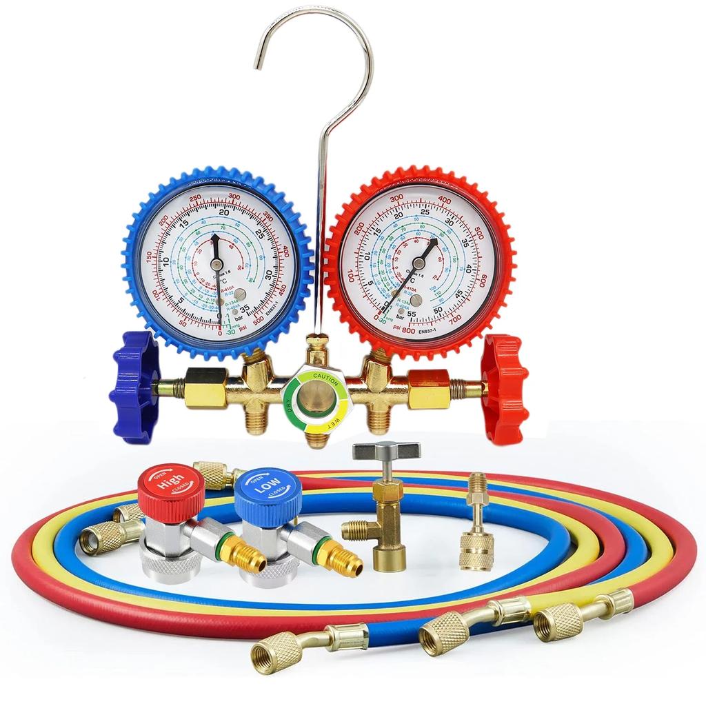 R410A R22 R134A R404A Freon Refill Kit Tool, Car Air Conditioner Pressure Gauge Set, Shock Resistant Pressure Gauge Adapter