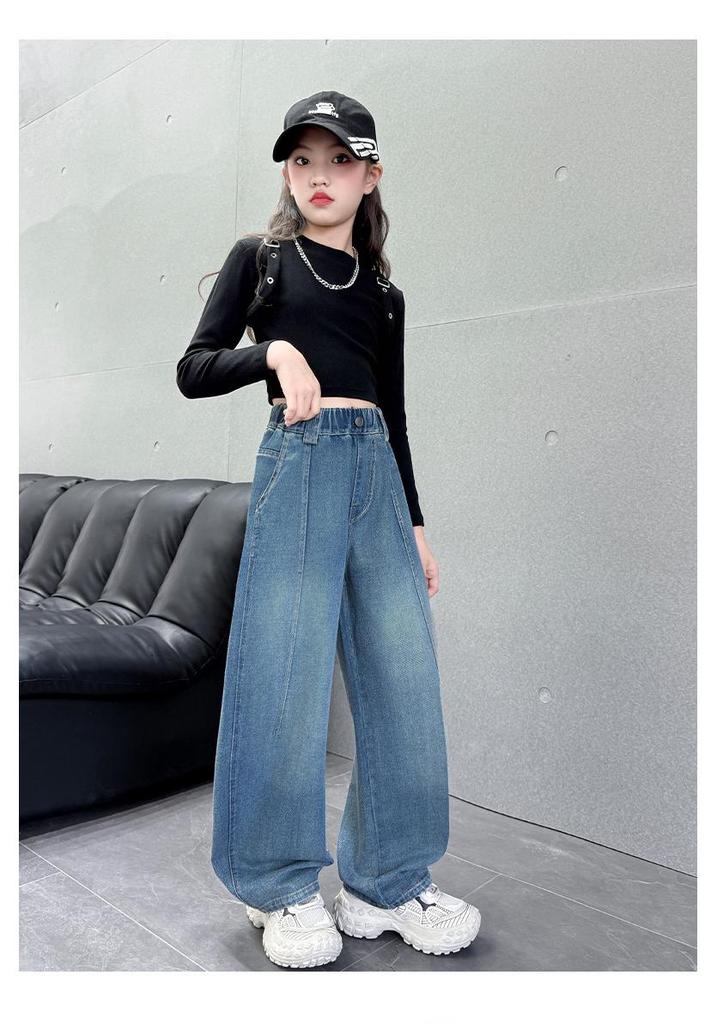 Girls' High-Waisted Wide-Leg Elastic Jeans for Kids - Slimming and Trendy Banana Pants