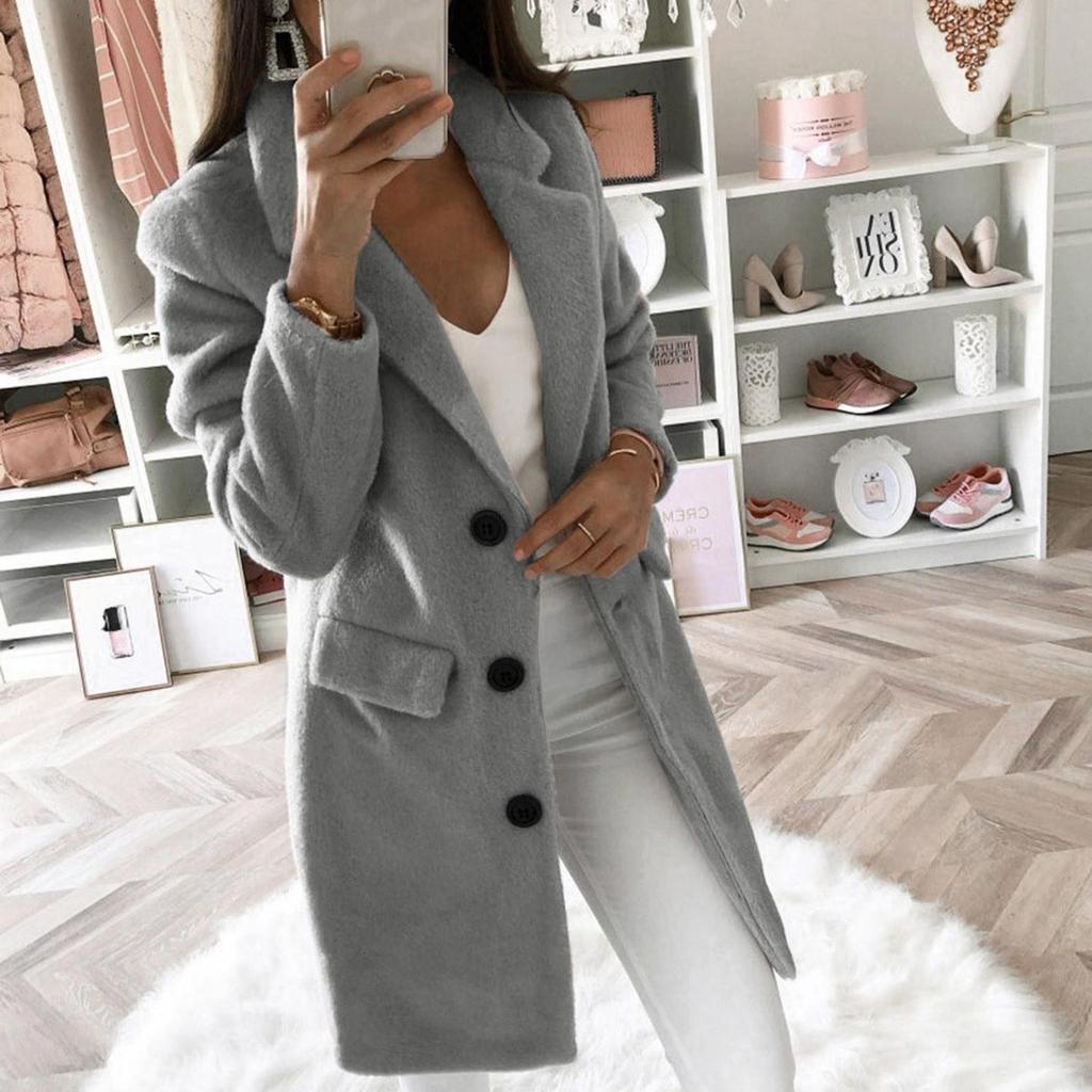 Frau Plüsch solide elegante Mischung Mantel schlanke Knöpfe lange Mantel Oberbekleidung Jacke