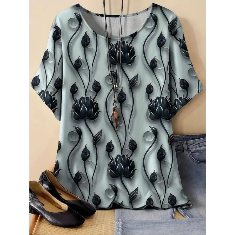 Flower Short Sleeve Fashion Women's Crew Neck Short Sleeve 3D Color Printing Crew Neck T-Shirt