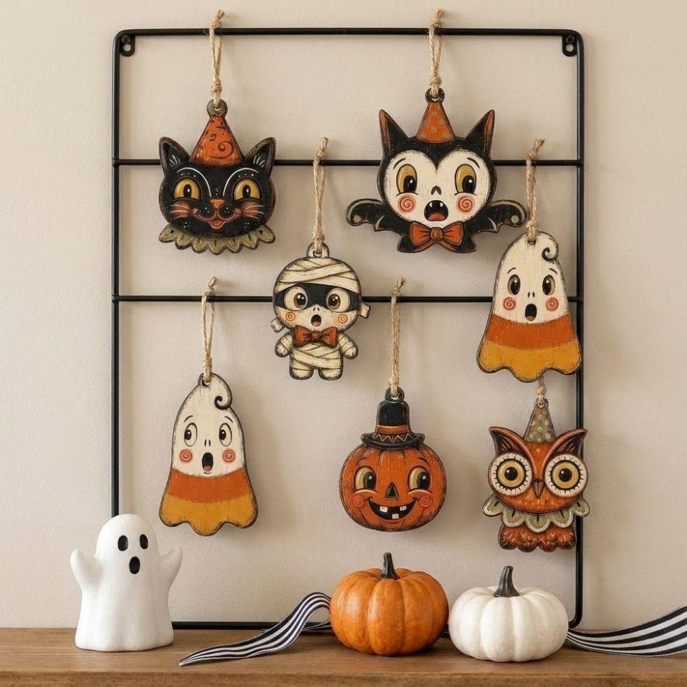 Trick or Treat Wooden Black Cat Ornament Distressed Painted Halloween Tree Hanging Indoor Use