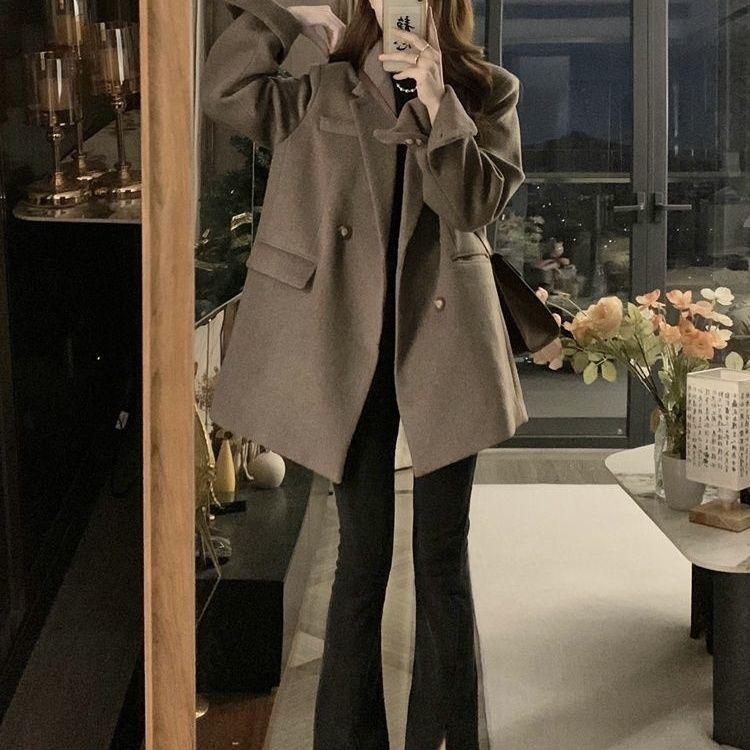 Women Office Lady Elegant Loose Retro Woolen Blazer Jacket Autumn Winter Thickened Coat Brown Korea Chic Overcoat