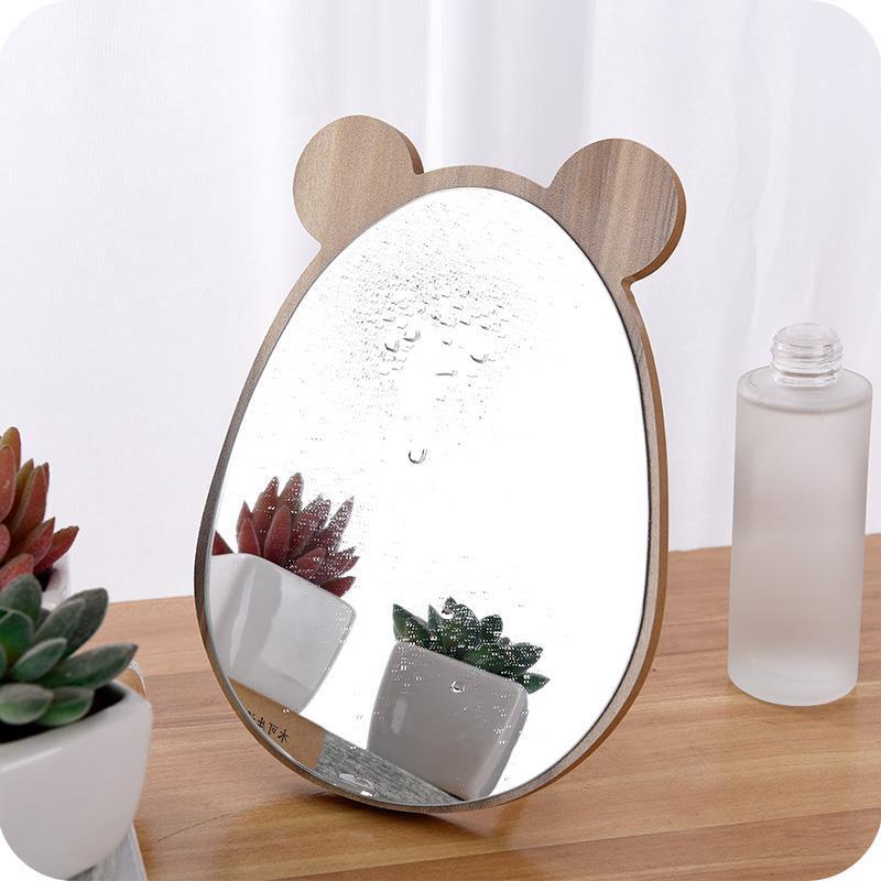 Stand Folding Desktop Makeup Mirror DIY Handmade Cartoon Shaped Mirror Cat Ear Compact Mirror Cute Portable Wooden Table Mirror