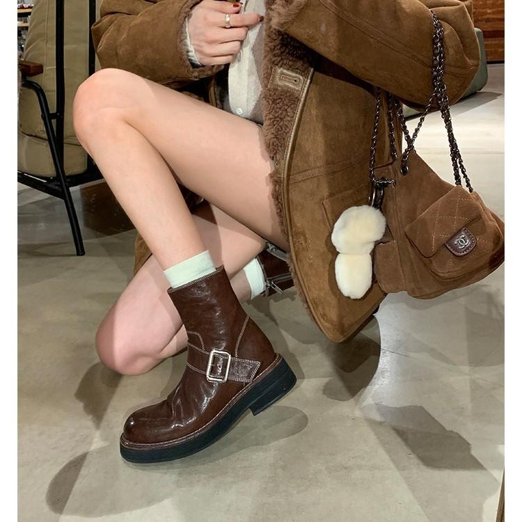 Grape mother same retro round head thick heel locomotive boots temperament versatile belt buckle side zipper medium boots women's autumn and winter