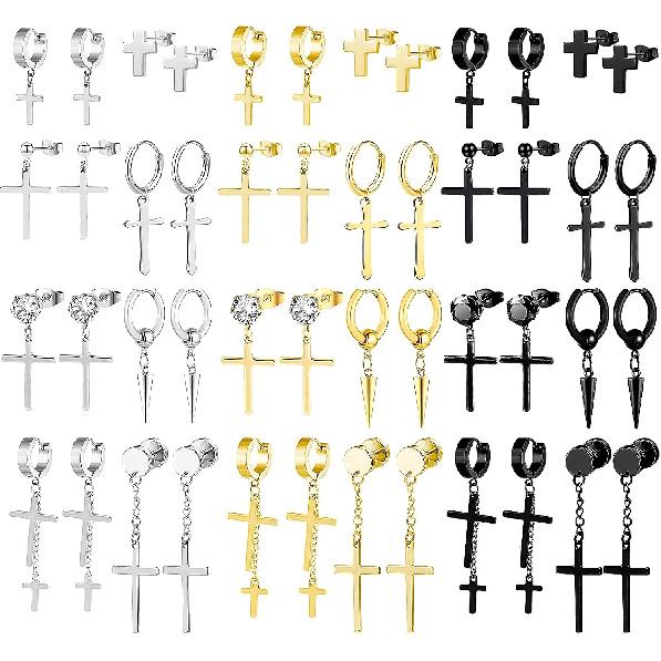 NEWITIN 24 Pairs Stainless Steel Earrings for Men Hypoallergenic Inlaid Cubic Zirconia Studs Hoop Earring Cross Dangle Earrings Unisex Punk Stud