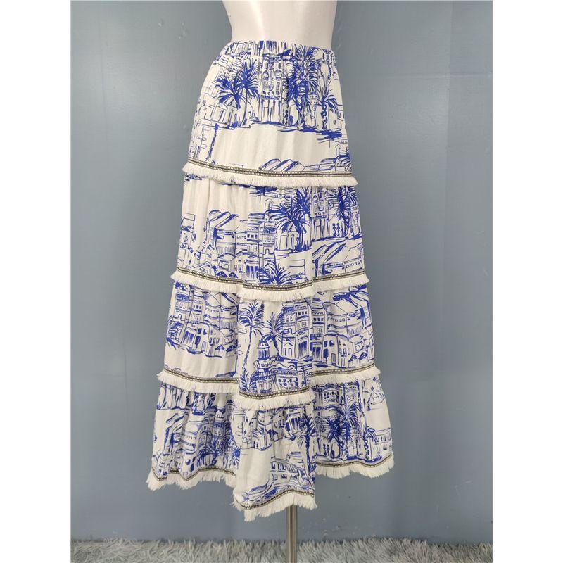 Foreign Trade Order AQ High Waist Exquisite Print A Word Temperament Slimming Versitile Fashion Lady Cotton and Linen Skirt Skirt