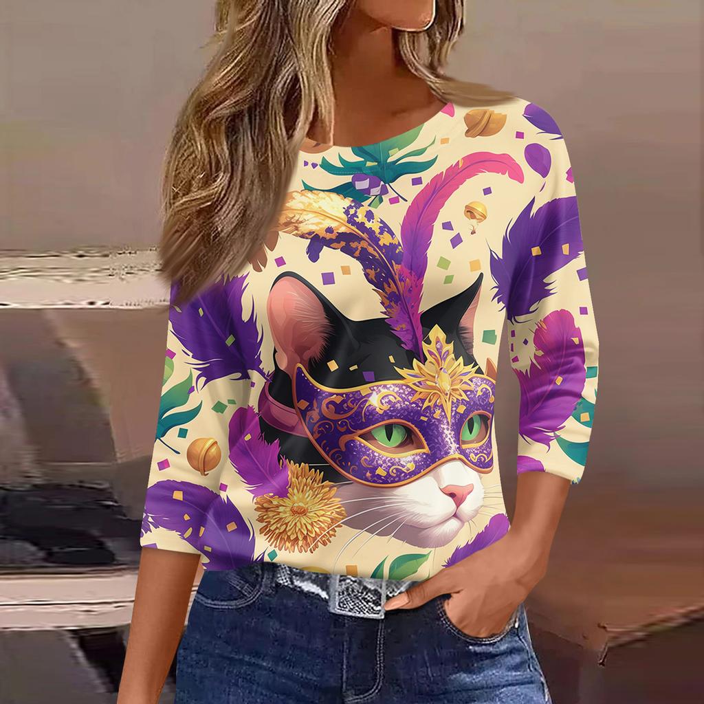 3/4 Length Sleeve Womens Tops Floral Print Vintage Fashion Casual Loose With Round Neck Plus Size Shirts