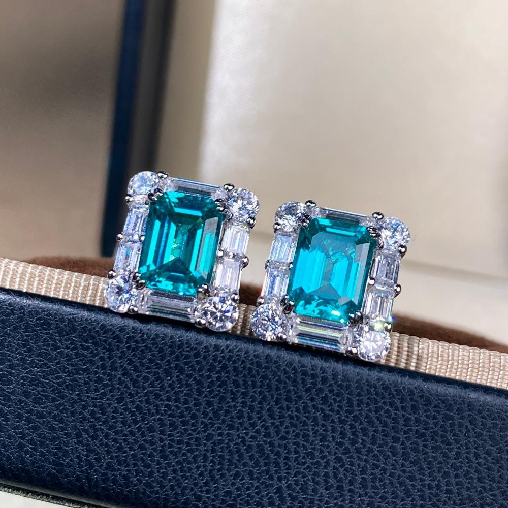 Labor Zuchtdiamant Paraiba Ohrringe 925er Reinsilber Ohrringe quadratisch Tasche Einfach Vier-Krappen Klassische Ohrringe Schmuck