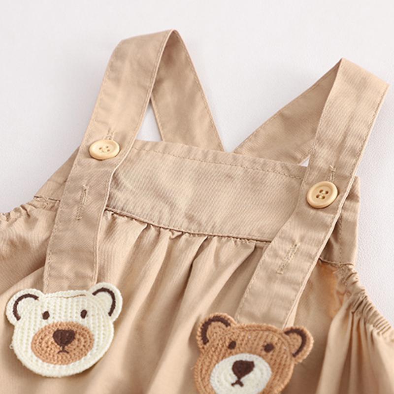 Κοριτσίστικο Καλοκαιρινό Σετ 2 Τεμαχίων- Μπλουζάκι με Στρογγυλή Λαιμόκοψη και Εκτύπωση Κινούμενου Σχεδίου Αρκούδας+ Φόρεμα Σαλιάρα - Χαριτωμένο Καθημερινό Σύνολο S-XXL