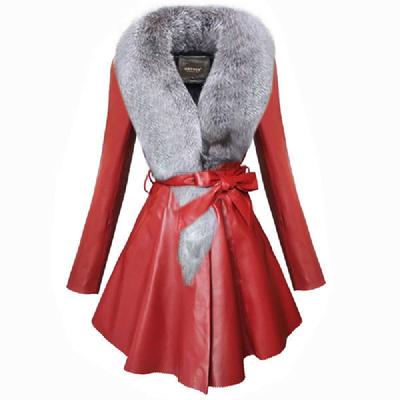 Pelz Damen mittlerer und langer Stil Plus Baumwollmantel Slim Fit und dünner Pu-Fell-Imitat-Fuchshaarkragen Großes Silberfuchshaar