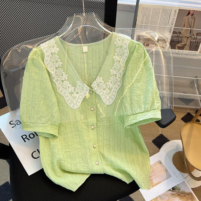 Embroidered Peter Pan Collar Chiffon Shirt Women Short Sleeve Solid Summer Blouses Tops Lady Korean Vintage Elegant Blouse 25405