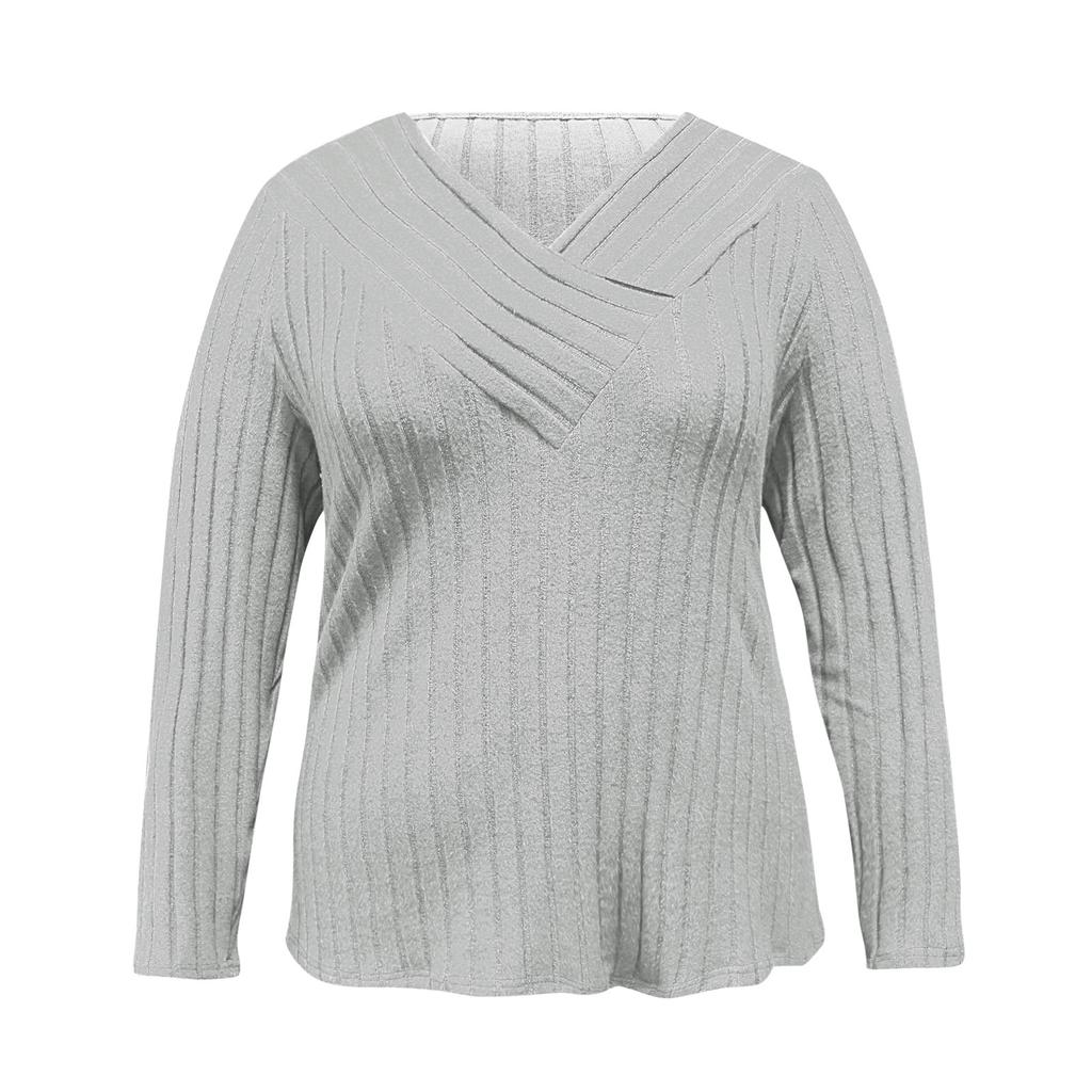 Women's Solid Color Plus Size Cross V-Neck Long Sleeved Pullover T-shirt Top