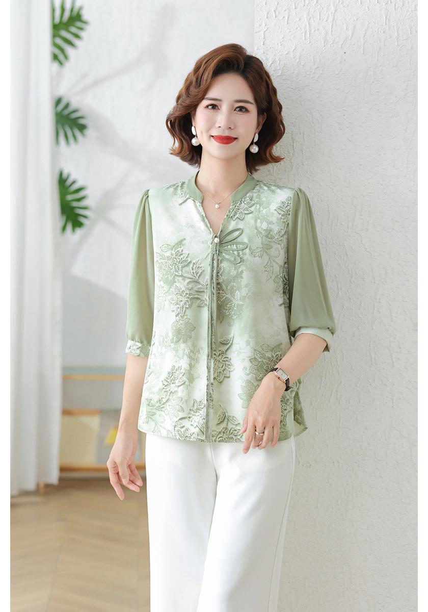 

Summer Floral Chiffon Lace Top for Middle-Aged & Elderly Women - Seven-Sleeve Casual Wear 3XL [Recommended 125-135 Jin]