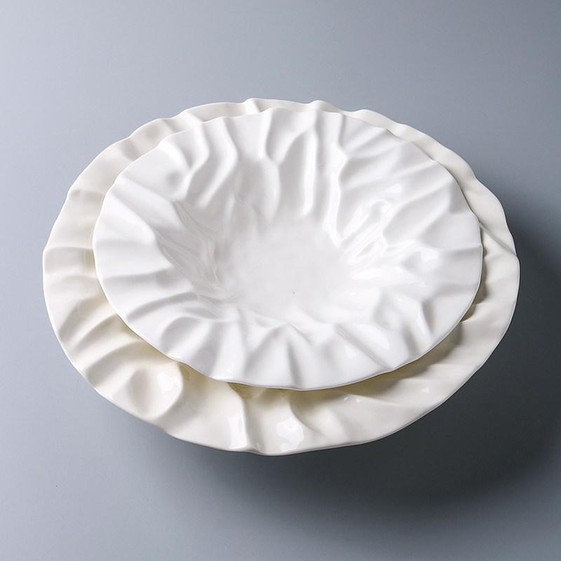 Western Ceramic Round Ruffled Patterned Dinner Plate Restaurant Tableware Home Dinner Pasta Salad Plate White Ceramic Dish Home
