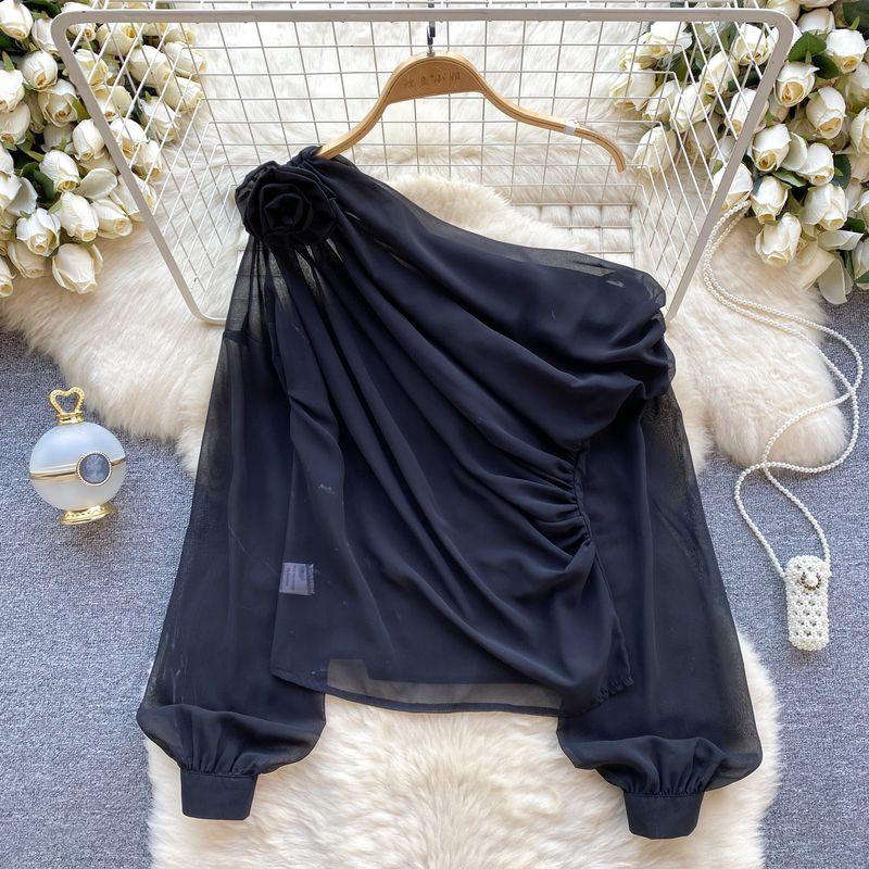 

Блузки из тонкого шифона без бретелек с диагональным воротником, модные, для ранней весны Black S