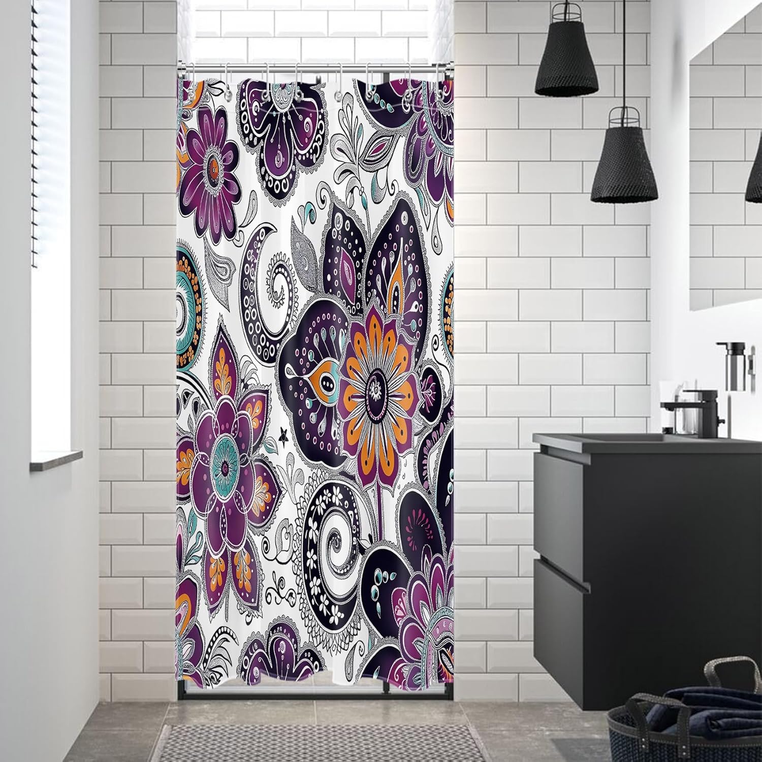 

Bohemian Paisley Floral Shower Curtain Purple And Black Flower Pattern Boho Bathroom Shower Curtain Retro Abstract Bathroom W60H190(CM)-1 Pcs
