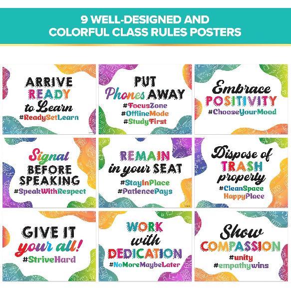 Decorably 10 Colorful Classroom Rules Poster High School, pirational, Matte-Laminated Decor - for Hallways, Bulletin Boards, Library