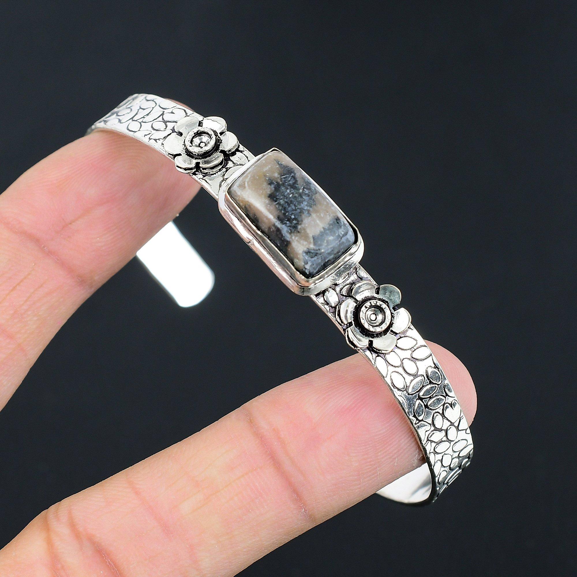

Natural Spider Web Jasper Gemstone 925 Silver Bangle Flower Adjustable For Girls Adjustable