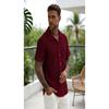 Mens Casual Short Sleeve Striped Cuban Collar Textured Shirt