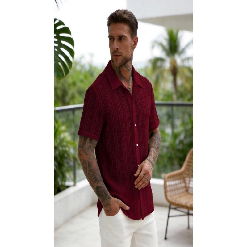 Mens Casual Short Sleeve Striped Cuban Collar Textured Shirt