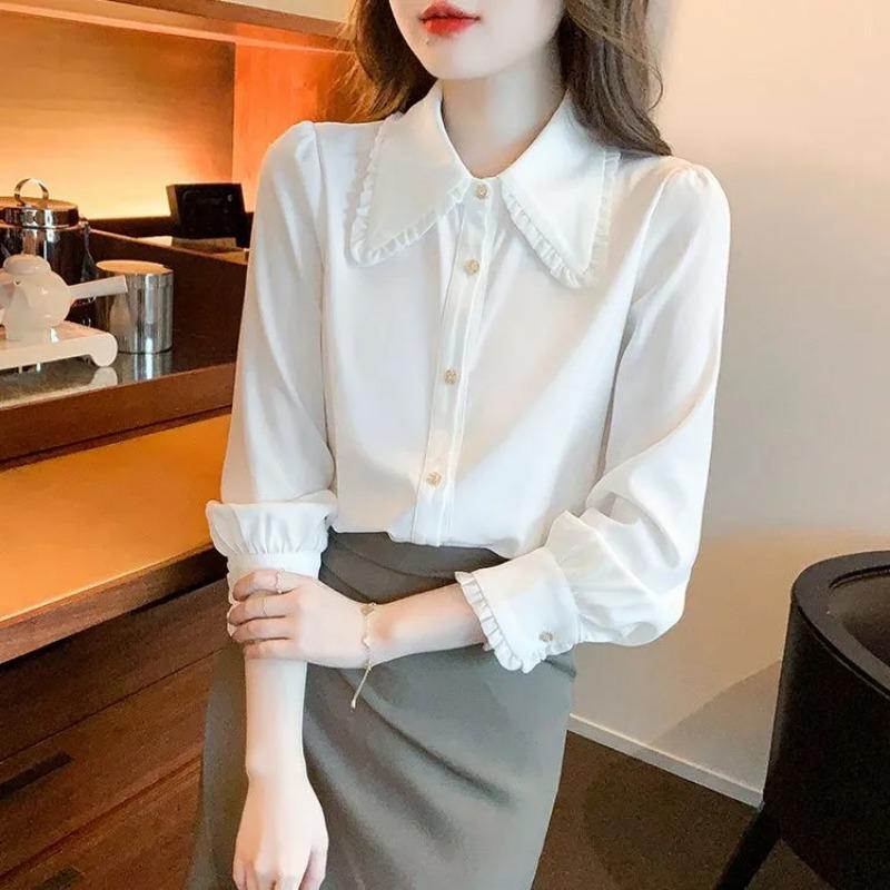 

Women White Peter Pan Collar Blouse Pearl Button Long Sleeve Casual Shirt L белый