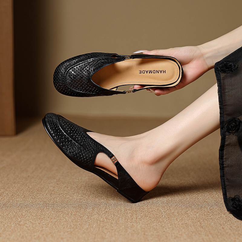 Krazing Pot SheepSkin Mules Round Toe Size 42 Low Heels Slip on Light Shoes Increased Hollow Style Pumps