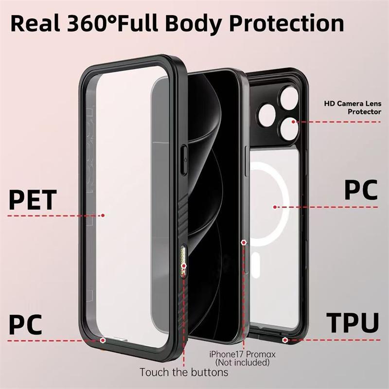 Custodia Impermeabile IP68 per iPhone 12 13 14 15 16 17 Pro Max con MagSafe Antineve Antipolvere Antiurto Copertura di Protezione a 360°