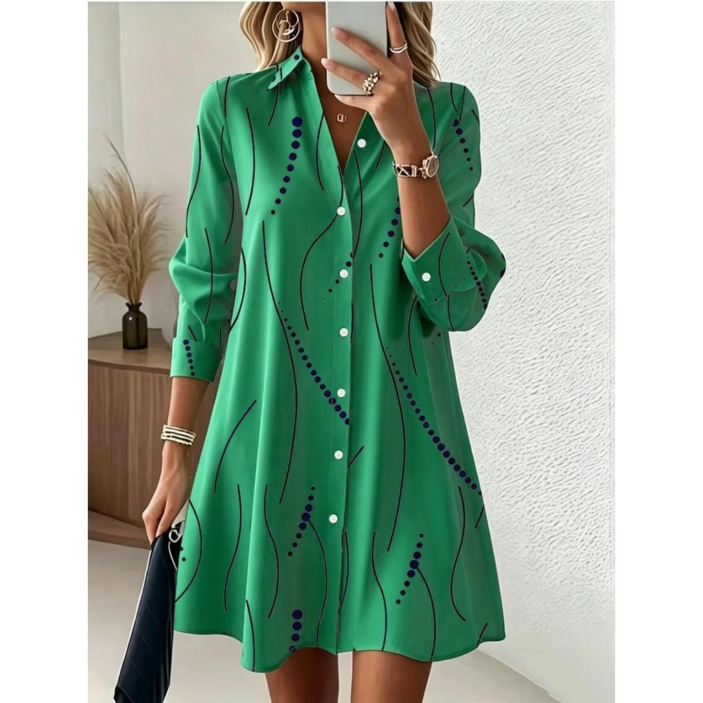 Spring Autumn Women's Casual Elegant Printed Shirt Dress, In Stock For Crossborder EU US Size