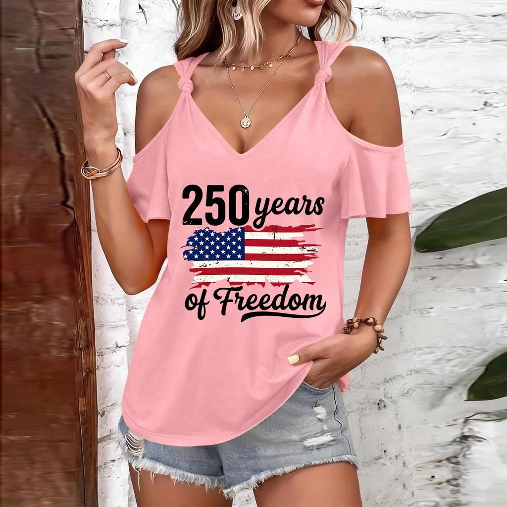 Blouses Manches Courtes pour Femmes Épaules Dénudées Col en V Chemises Manches Courtes pour Femmes avec Graphique Imprimé Hauts Manches Courtes pour Femmes Coupe Décontractée